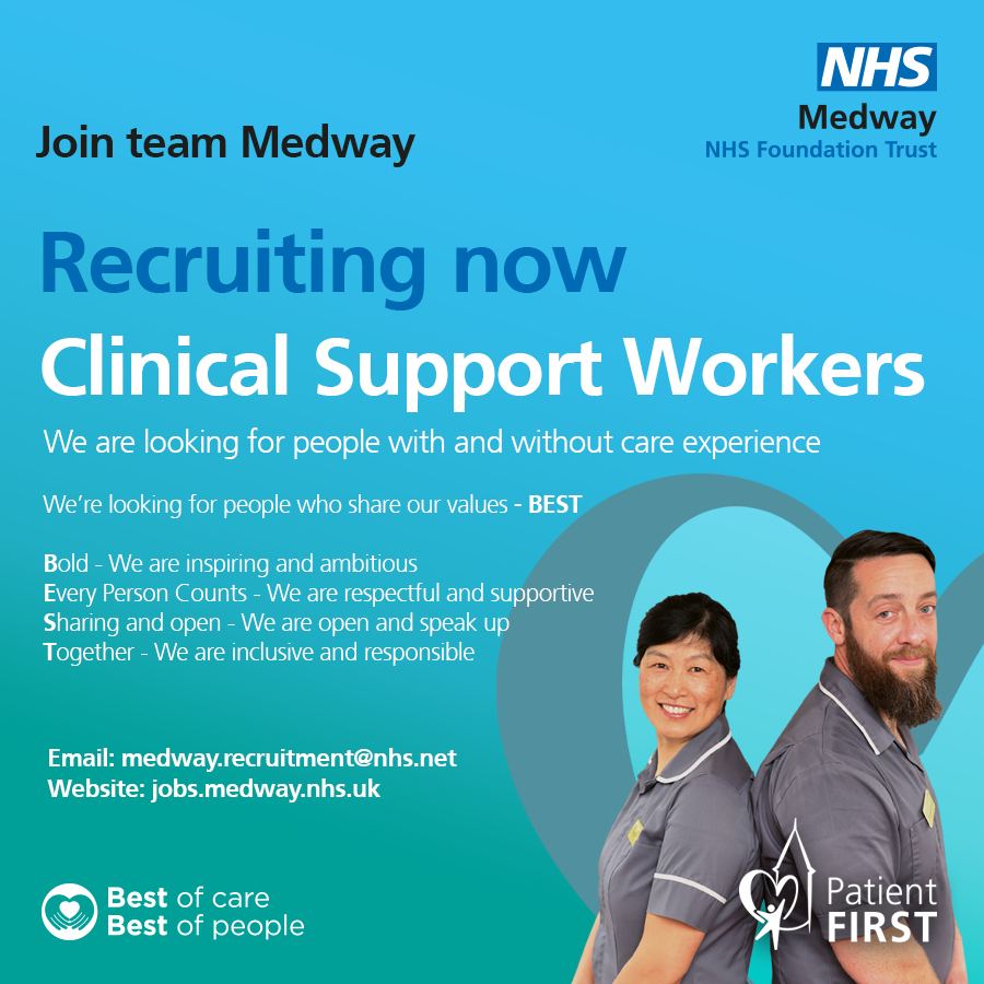 📢We are looking to recruit Experienced, Ambitious and Motivated Clinical Support Workers to work within the Specialist Medicine care group! Apply today to join #TeamMedway #MFTJobs 👉tinyurl.com/3bfcdw8v