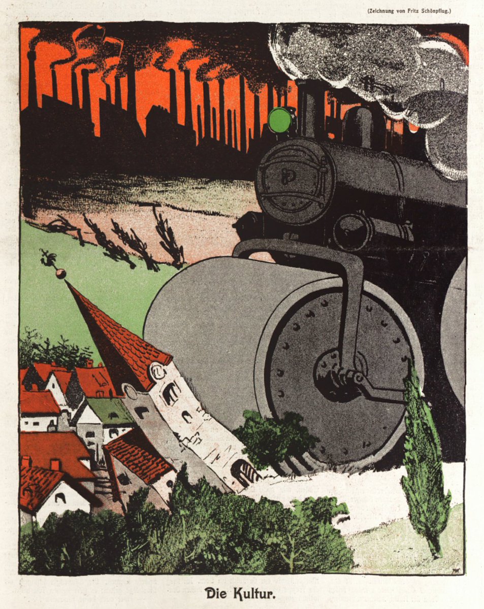 'Culture' — Austrian illustration published on the cover of Die Muskete magazine (28 October 1909) criticising rapid industrialisation. Artist: Fritz Schönpflug.