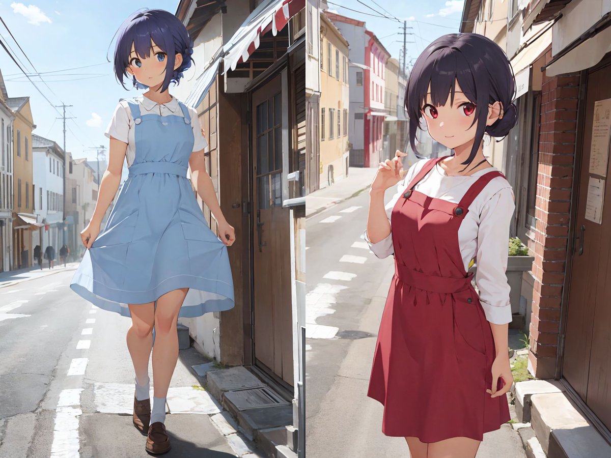 アニメスタイルのファッションイラスト ファッションスタイルプロンプト ワンピース編 midi pinafore dress