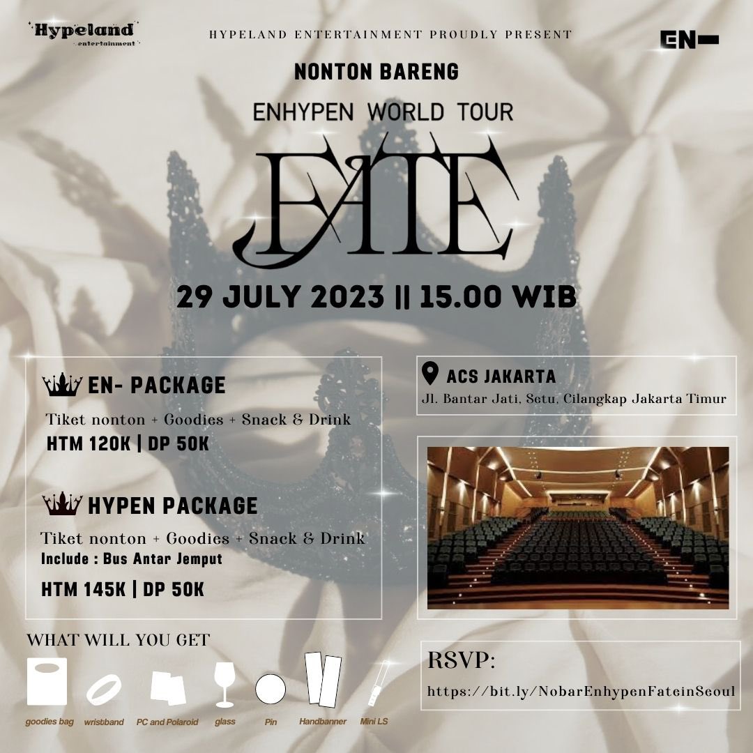 hypeland_ent's tweet photo. ✨NOBAR ENHYPEN WORLD TOUR ‘FATE’ IN SEOUL✨

Hallo Engene💙 
Siapa yang excited buat nonton bareng nih Konser World Tour Fate Enhypen in Seoul?!🤩
Finally Hypeland akan mengadakan Special nobar lagi loh🥰

Hypeland Entertainment Proudly Presents‼️ https://t.co/8y343gkCOp