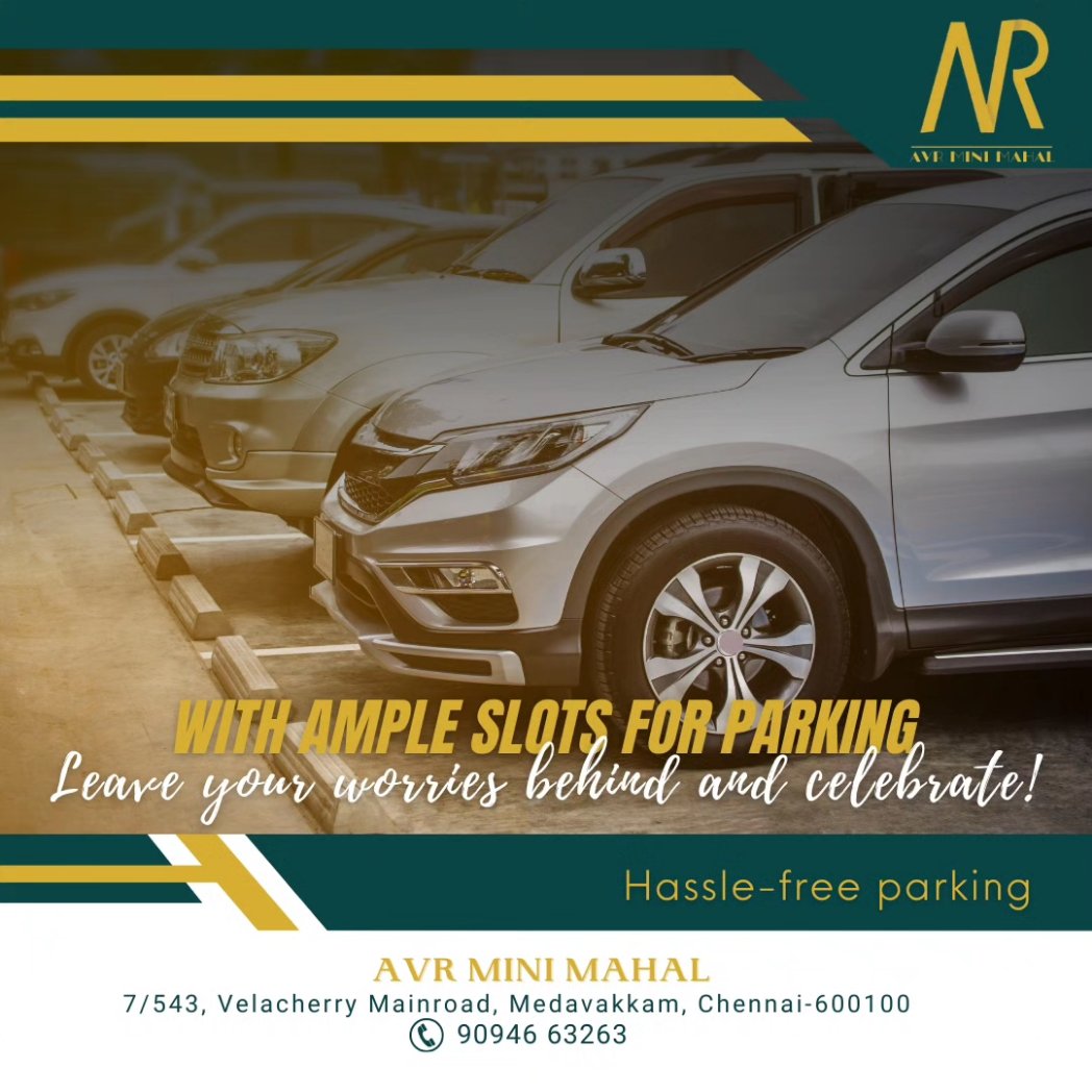We have a ample parking space in our premises so that you leave behind your worries and enjoy your party to the maximum 💫

Contact : 9094663263
. 
. 
. 
. 
. 
#ChennaiBanquetHall
#BanquetHallChennai
#ChennaiEvents
#WeddingsChennai
#ChennaiParties
#BanquetVenue
#EventSpaceChennai