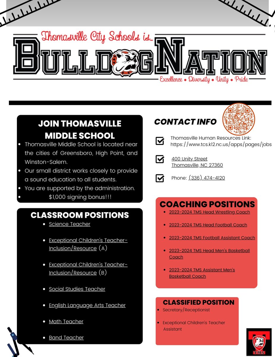 MsClausi's tweet photo. Come work in Thomasville City Schools! 
Join me at Thomasville Middle School! 
#MiddleSchool #NorthCarolinaSchools #NewOpportunities #ThomasvilleMiddleSchool #TeachingJobs @TCSchoolsNC @HR_TCS https://t.co/3XiY0i9ORo