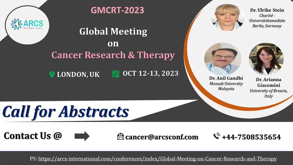 #CallforSpeakers #CallforAbstracts Submit your #abstract for #GMCRT2023 #CancerResearchConference going to be held on #October 12-13 in #London #UK 
Sessions- #Oncology #CancerResearch #CancerScreening #Biomarkers #Chemotherapy #Immunotherapy #Radiationoncology #Imagingtechnology