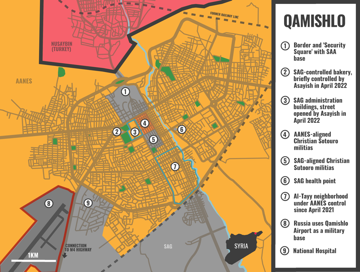 RojavaIC's tweet photo. A siege of the Syrian government-controlled airport area in Qamishlo is ongoing, with government trucks being denied permission to enter or exit, as per Asayish sources. This comes in response to two members of YPG being detained inside the airport. While the Asayish normally... https://t.co/i9C11WZyRP