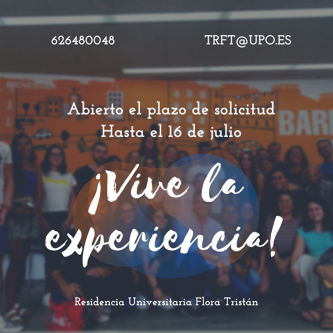 🤩 ¡ABIERTO PLAZO! 😍

Ya puedes solicitar plaza para el curso 23-24 en la Residencia Universitaria Flora Tristán
Más INFO:
upo.gob.es/system/modules…

Si tienes cualquier duda puedes escribirnos al correo trft@upo.es o llamarnos al 626480048 

<a href="/pablodeolavide/">Pablo de Olavide</a> 
<a href="/fundacionupo/">Fundación UPO</a>