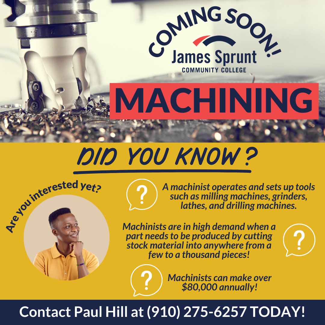 James Sprunt CC (@jamesspruntcc) on Twitter photo Coming soon to campus, Machining will offer several credentials and certifications to equip students for the workforce! This short-term program could open doors to a great careerš¤©For more information, contact Paul Hill at (910) 275-6257 or phill@jamessprunt.edu today! Coming soon to campus, Machining will offer several credentials and certifications to equip students for the workforce! This short-term program could open doors to a great careerš¤©For more information, contact Paul Hill at (910) 275-6257 or phill@jamessprunt.edu today!