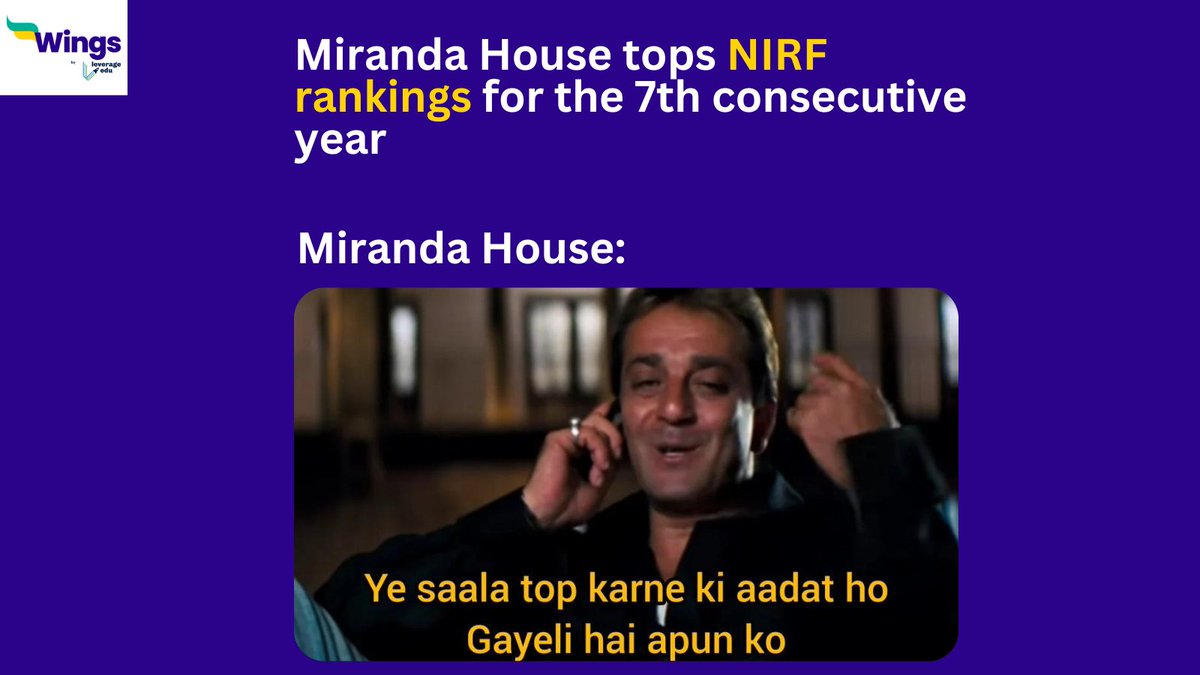 Miranda House is on top for the 7th time. 

#NIRFRanking #NIRFRankings2023 #NIRF2023 #NIRF