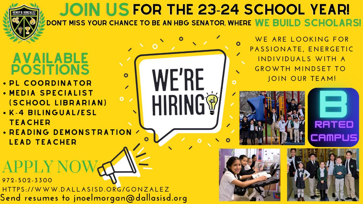 We are searching for energetic, motivated world changers who want to make an impact in our scholars lives! If interested, please send your resume to jnoelmorgan@dallasisd.org