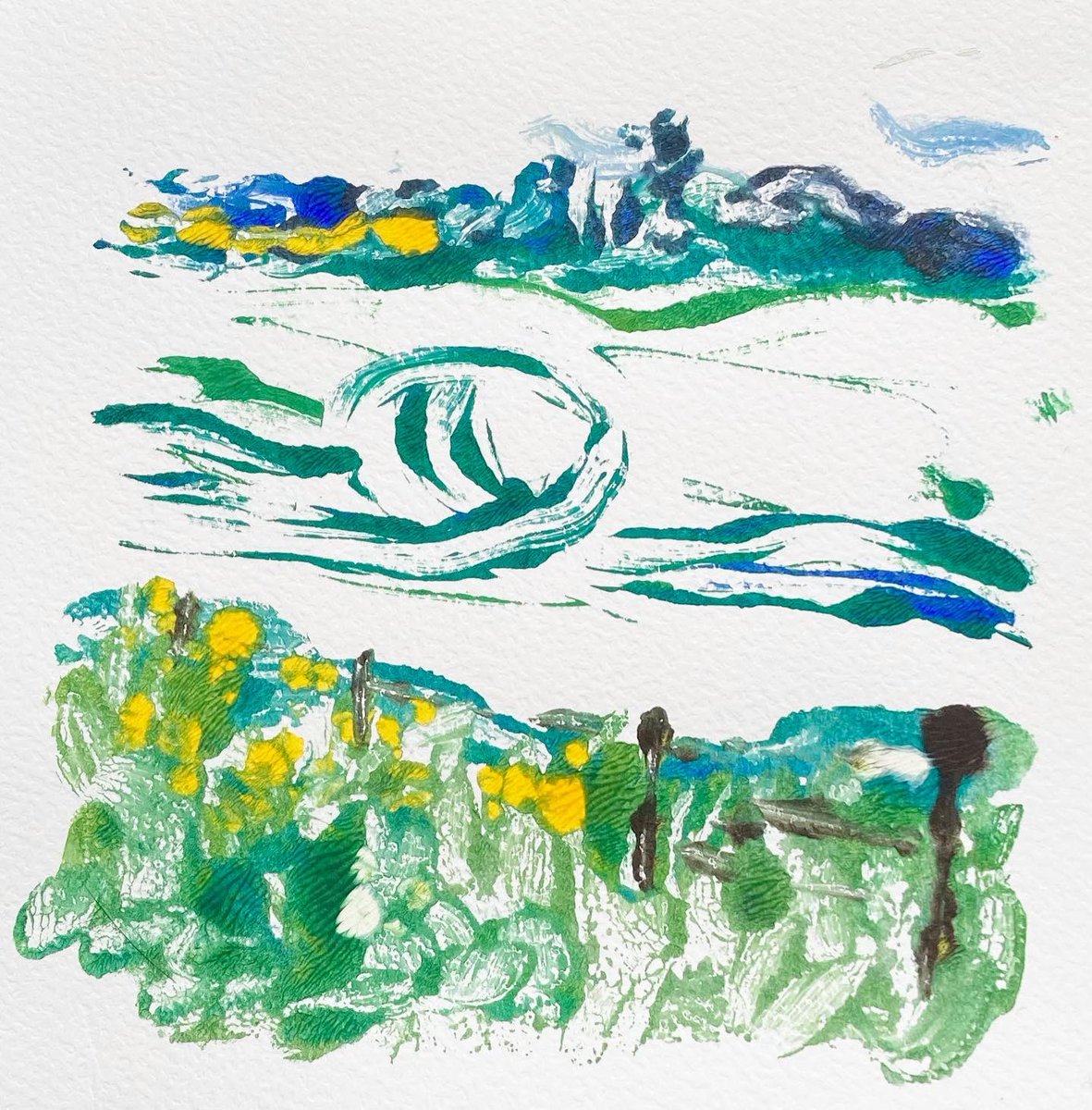 1/1 unique monoprints, blobby field shapes from a train window made on the floor. Trying to work fast but not fast enough. Available, DM me :-).