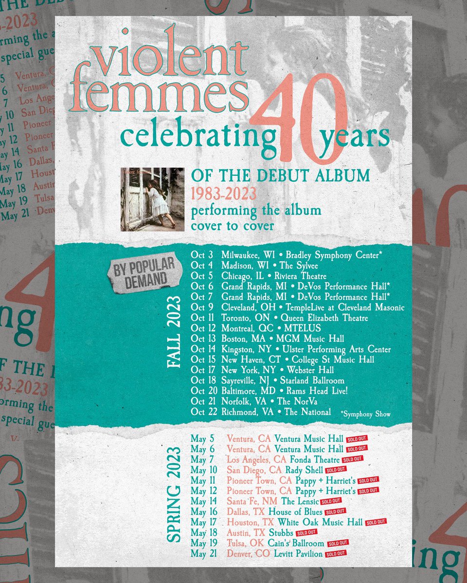 We have added another leg to our 40th Anniversary Tour! Tickets for these shows go on sale Friday at 10am local time. Grab presale tix w/ code ADDITUP starting tomorrow at 10am local time. Find ticket links @ VFemmes.com/tour *note: Oct 6 & 7 go on sale Aug 1