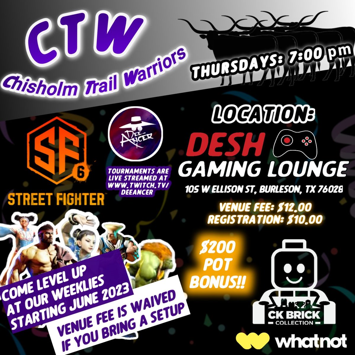 CTW_Tournaments's tweet photo. Our first weekly is this Thursday (6/8) at 7pm!
๐ค EVERY WEEK will have a pot bonus of $200 ๐ค
Desh Gaming Lounge
105 W Ellison St, Burleson, TX 76028
#dfwFGC #txFGC https://t.co/gG4IUNLxgM
