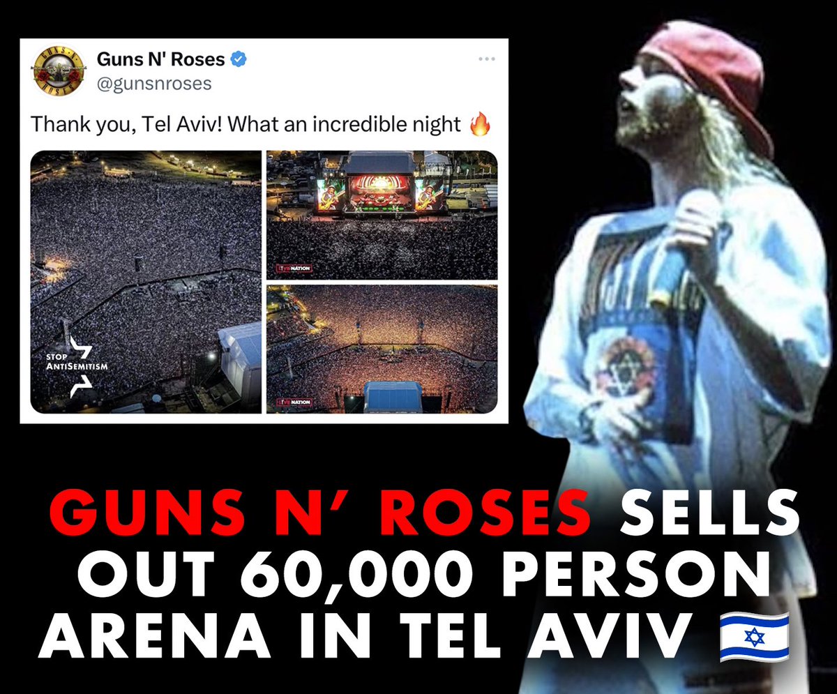 While antisemites like Roger Waters are busy bashing the Jewish nation and cheapening the memory of Holocaust victims, legendary group Guns N’ Roses returned to Israel for the 4th time to play in a sold out arena in Tel Aviv last night!