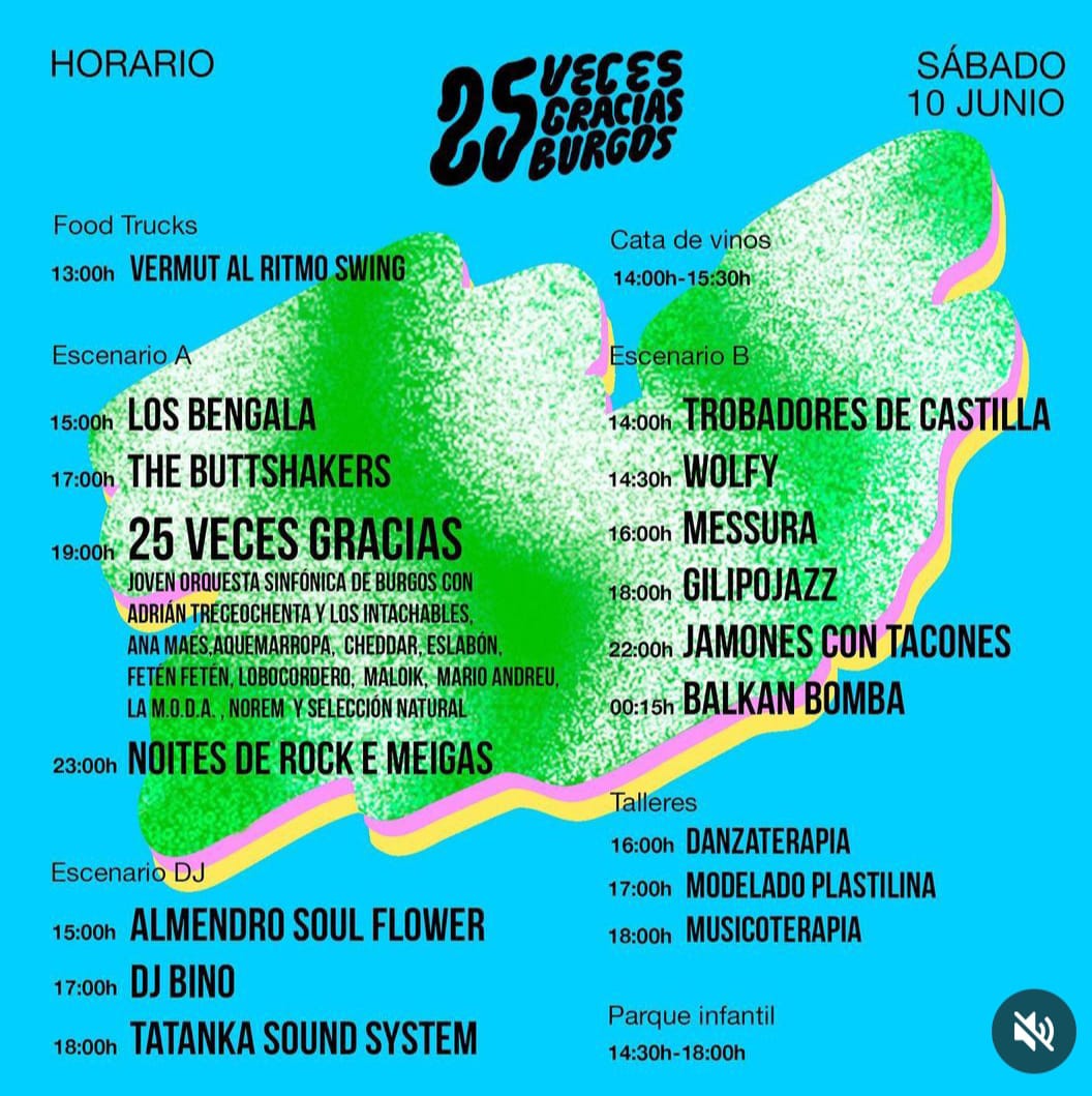 Horarios de #25VecesGraciasBurgos organizado por <a href="/ParkinsonBurgos/">Parkinson Burgos 🚶🏻</a>. Ya queda menos para disfrutar con <a href="/Eskorzo/">ESKORZO</a>, <a href="/BalkanBomba/">Balkan Bomba</a>, <a href="/JamonesTacones/">Jamones con Tacones</a>, <a href="/estoesLaMODA/">La M.O.D.A. 𐁇</a> y muchos más. Buena música por una buena causa.
