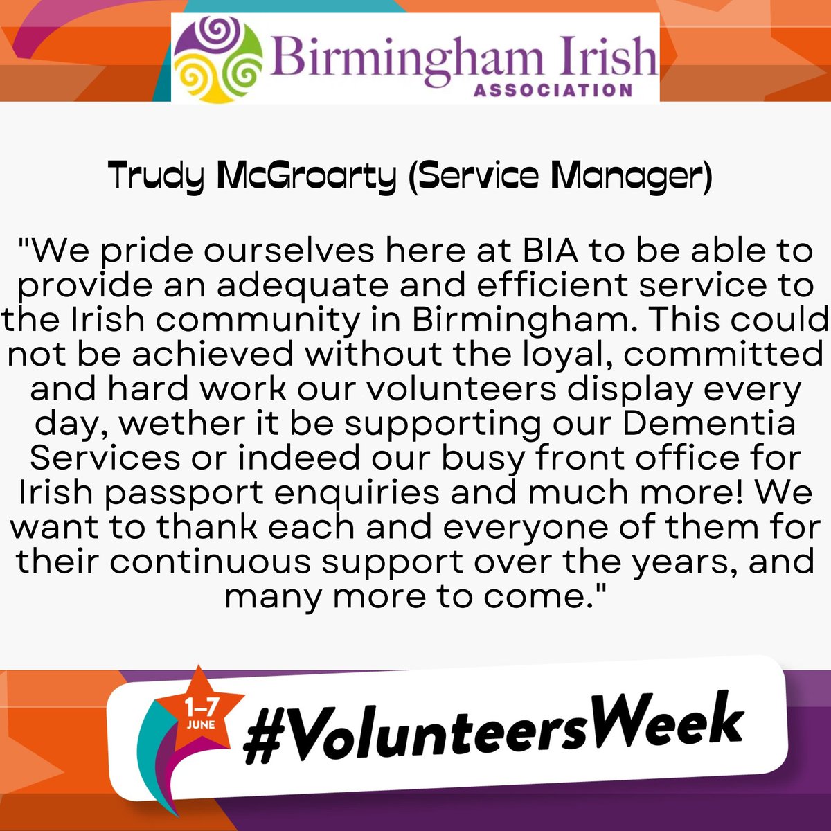 Here at BIA we have been celebrating all of our amazing volunteers for  #VolunteersWeek ✨

If you would like to join our team, for more information contact Roisin (Volunteer Co-Ordinator) via email roisin@birish.org.uk ✨💚

#BrumVolunteers