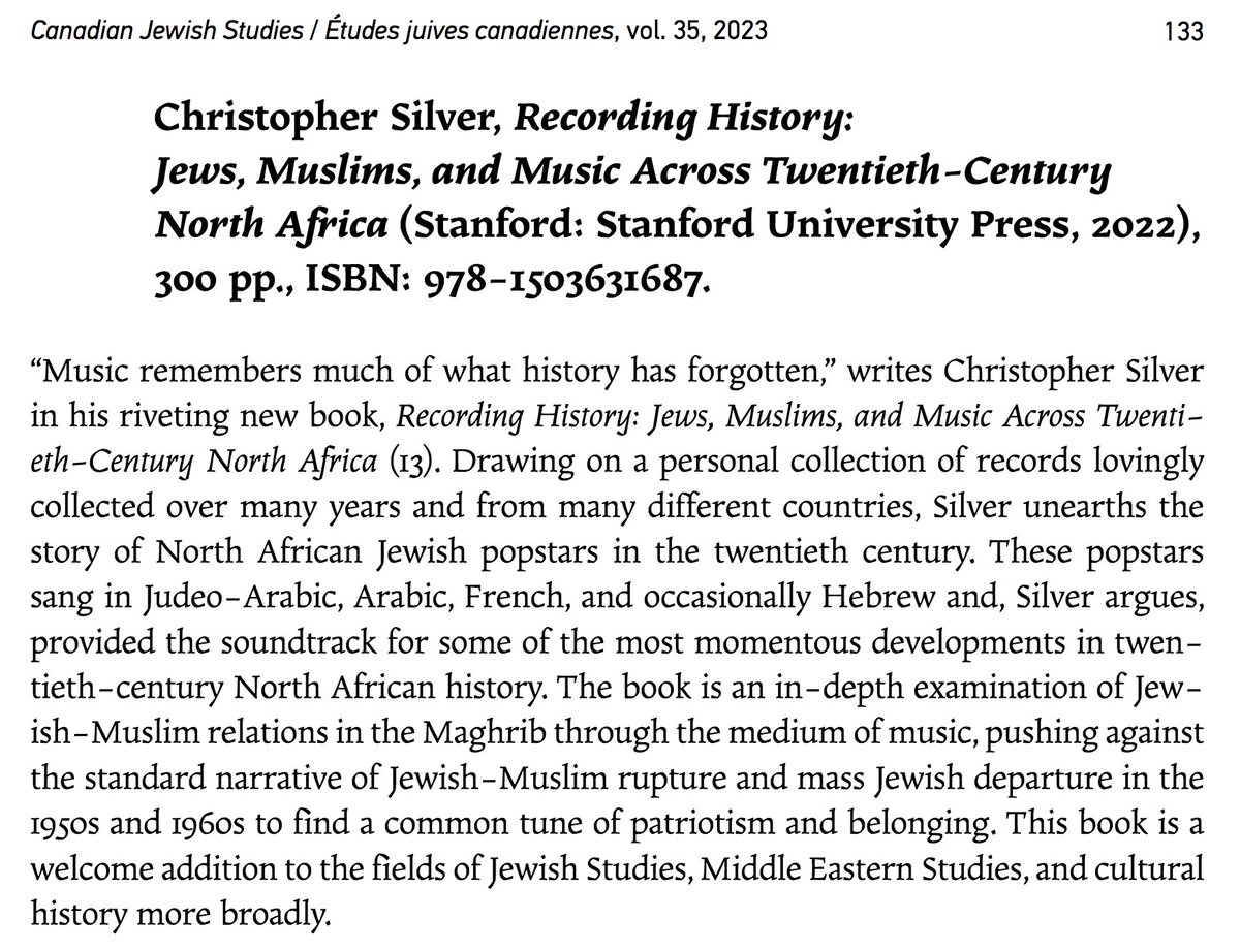 ''Music remembers much of what history has forgotten,' writes Christopher Silver in his riveting new book, Recording History: Jews, Muslims, and Music Across Twentieth-Century North Africa.' Honored to have had my book reviewed by Alma Heckman. cjs.journals.yorku.ca/index.php/cjs/…