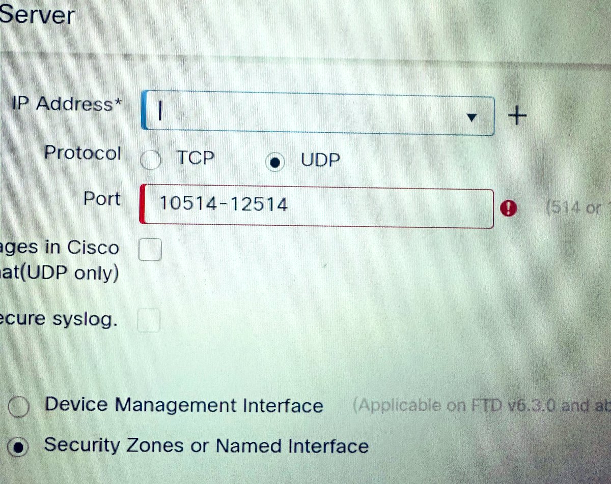 A stupid question ASK: My tech fam, is it possible to setup a syslog server on FTD/FMC (Platform Settings) with a port range? #ciscosecurity ##FMC #FTD #blacktechtwitter