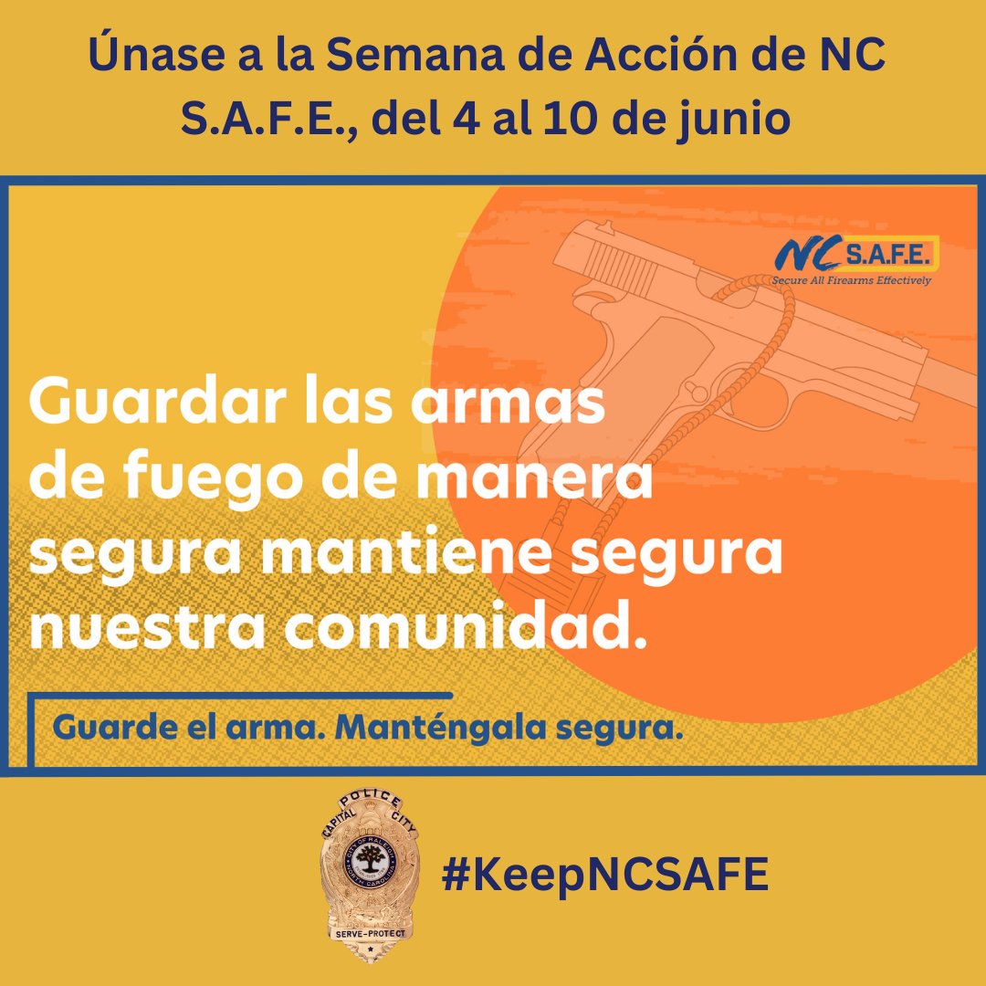 raleighpolice's tweet image. Habitantes de Carolina del Norte: Guardar sus armas de manera segura, disminuye las probabilidades de que caigan en las manos equivocadas. Únase a la Semana de Acción de NC S.A.F.E., del 4 al 10 de junio.

Recursos: ncsafe.org @nc_safe

#KeepNCSAFE
