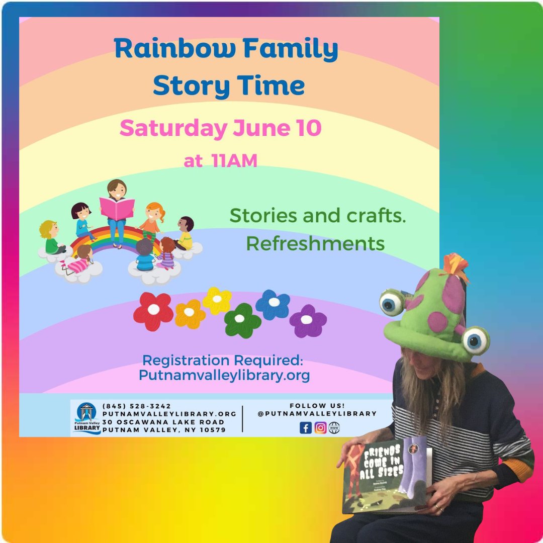 Hope to see you at the Rainbow Family Story Time. Miss B will be hosting and reading, and I'll be sharing my books, too! #authorevent #RainbowFriends #allfamilies #storytime #libraryevent #putnamvalleyNY #libraries #elementaryschoolers #letsread #rainbowfamilies @LawleyPublishi1