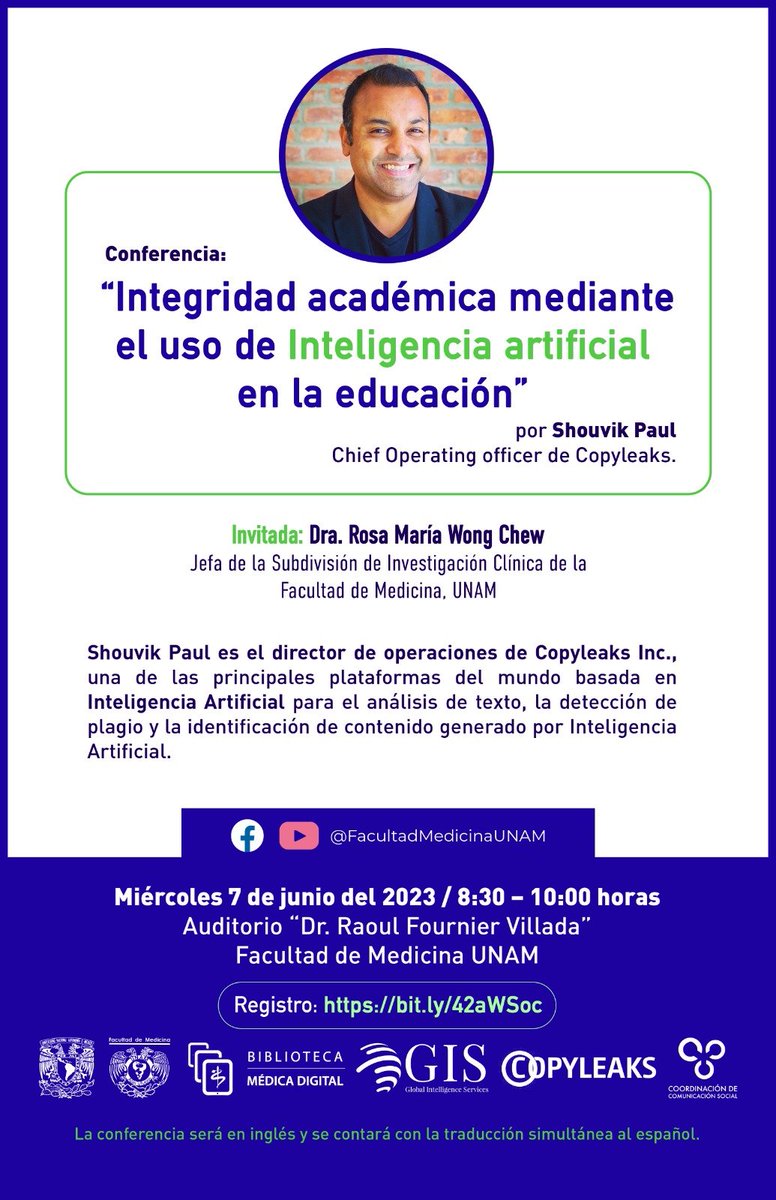 FacMedicinaUNAM's tweet photo. Shouvik Paul es el director de operaciones una de las principales plataformas del mundo basada en Inteligencia Artificial para el análisis de texto, la detección de plagio y la identificación de contenido generado por Inteligencia Artificial.
https://t.co/LTHTktsbRD https://t.co/E5hDAHuwYU