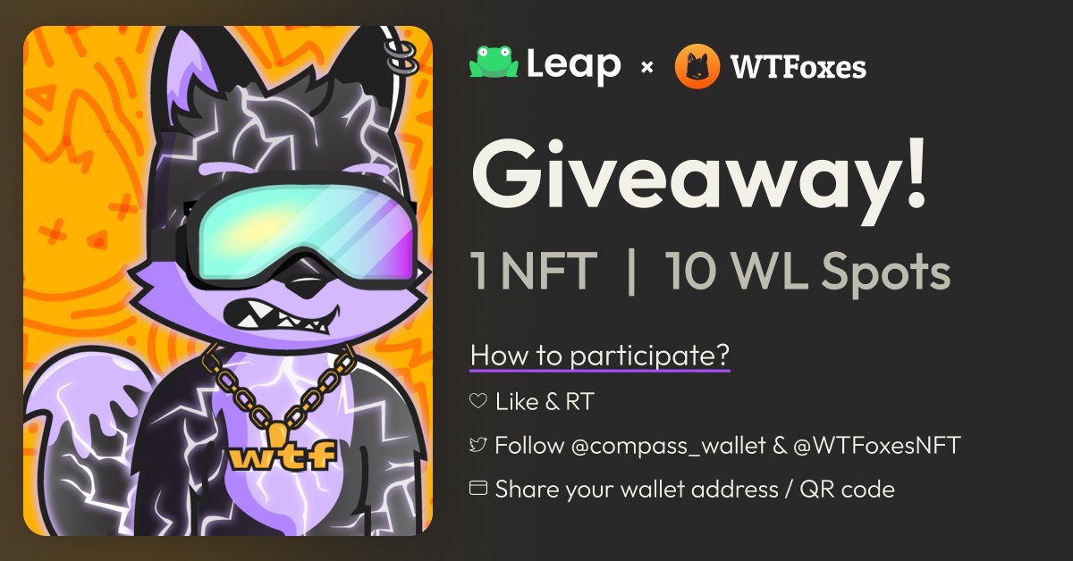 🎉 GIVEAWAY 🎉

For this week's giveaway, we're teaming up with the incredible @WTFoxesNFT with their unique NFT collection of vibrant foxes 🦊

1️⃣ RT &amp; Like this post
2️⃣ Follow <a href="/compass_wallet/">Compass Wallet | Sunset on 28th May</a> &amp; @WTFoxesNFT
3️⃣ Reply with a "🧭" emoji &amp; your <a href="/compass_wallet/">Compass Wallet | Sunset on 28th May</a> SEI wallet address