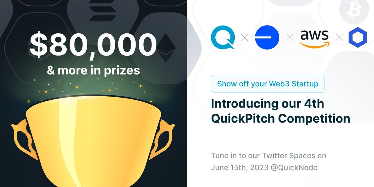 QuickNode's tweet image. We express our gratitude to @AWSstartups, @jmj (@chapterone), @BuildOnBase, and @Chainlink for joining forces with us in our 4th QuickPitch competition.

The immeasurable support you provide drives the progress of Web3 startups, propelling them to unparalleled achievements!