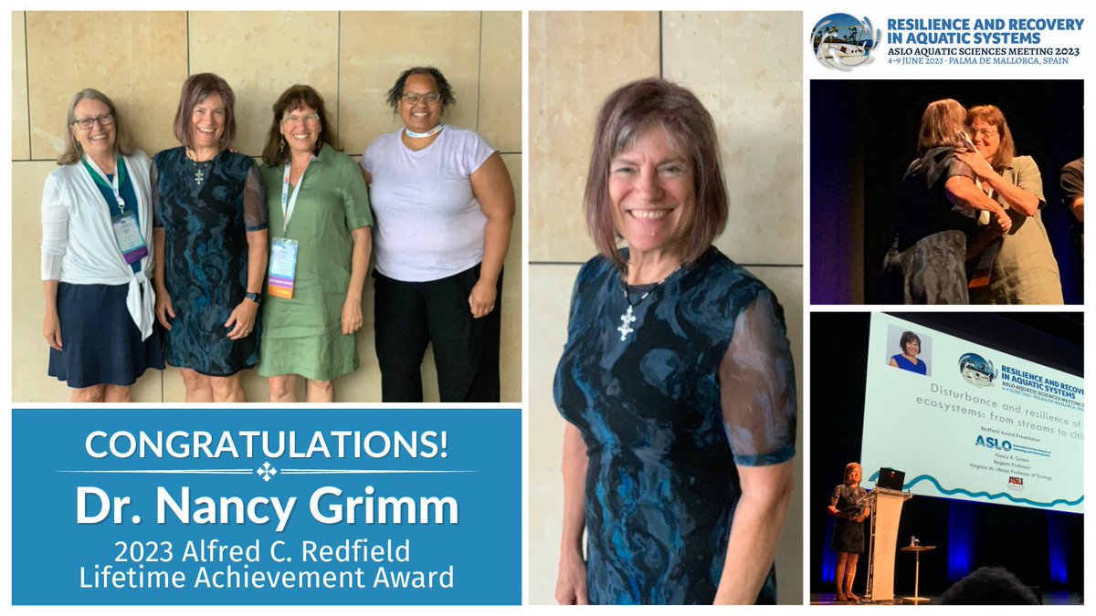 🏆 Congratulations to Dr. Nancy Grimm! Today she received the 2023 Redfield Lifetime Achievement Award for her transformative and critical insights on the impacts of human activities and climate change on the biogeochemistry in urban and inland waters. 👉bit.ly/40GL4tD