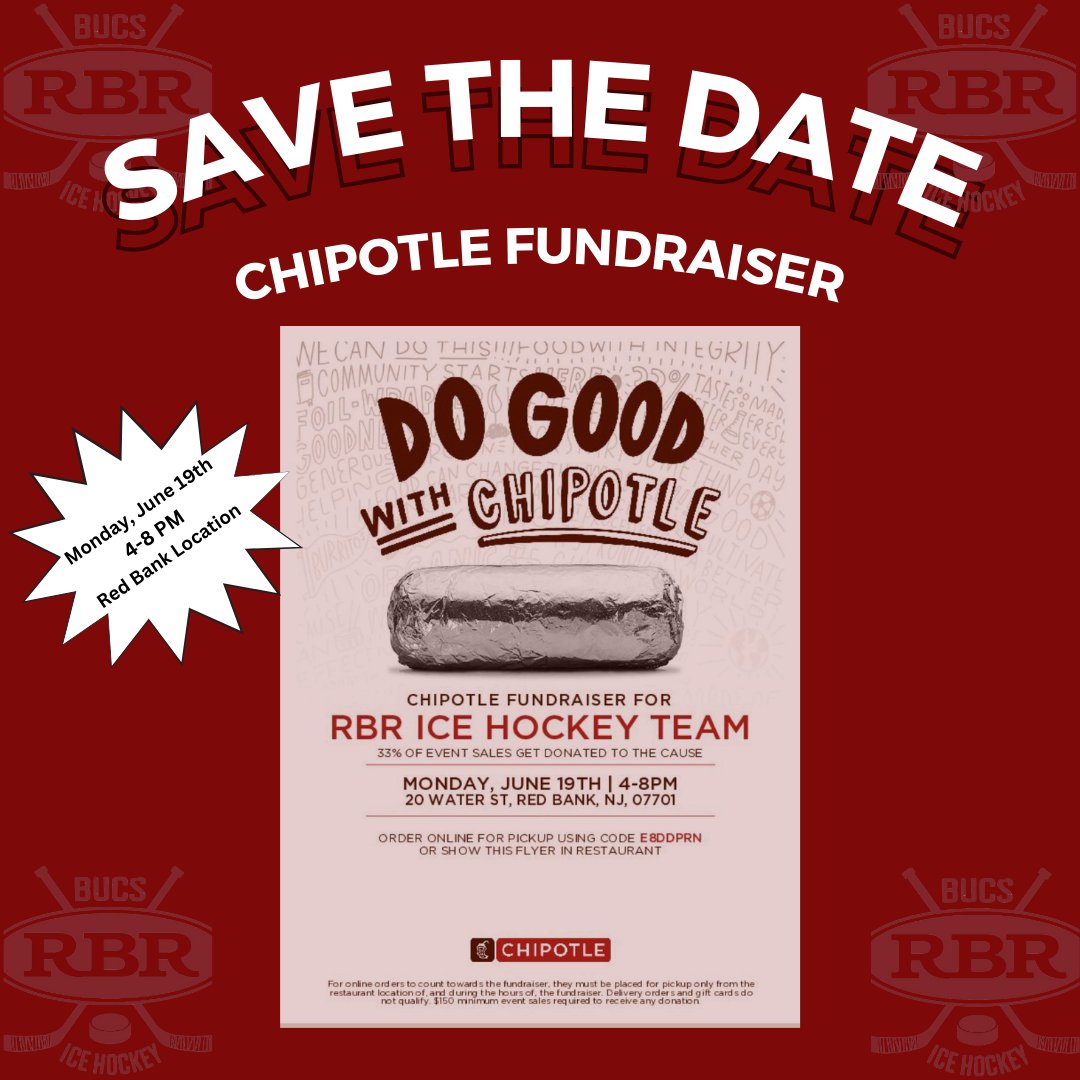 RBRicehockey's tweet photo. Mark your calendars & come support your RBR Bucs Ice Hockey team as they fundraise for the 2023-2024 season! Monday, June 19th from 4-8 PM at the Red Bank Chipotle! #rbrbucs #rbrbucsicehockey #redbank #redbankregional https://t.co/LmhbKIrAmQ