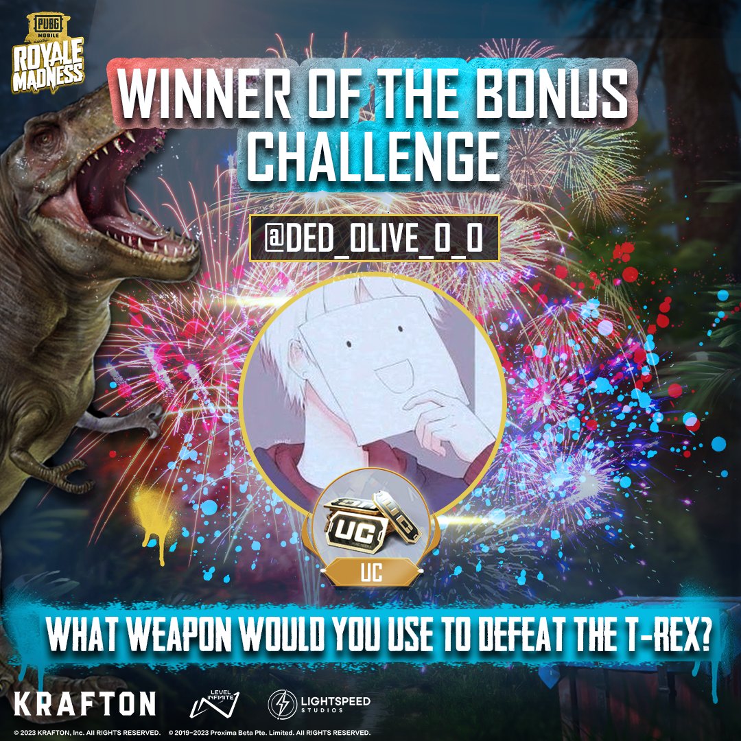PUBGM_Europe's tweet photo. @ded_olive_o_o You are a real dino pro ! 🏆 You have been chosen as the winner of the #BONUSCHALLENGE!

 Please reach out via PM to us to receive your 3,850 UC ✨ Roar on!
#PUBGMOBILE
#ROYALEMADNESS

(Please note that we will send you the prize at the end of Royale Madness in June 🚀) https://t.co/r0IGb4Uigr