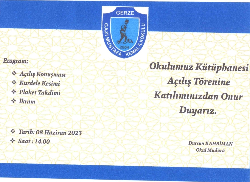 8 Haziran 2023 günü saat: 14.00'de Okulumuz Kütüphanesinin Açılış Töreni gerçekleşecektir. Gerçekleşecek olan törene katılmak isteyen tüm velilerimizi bekleriz.