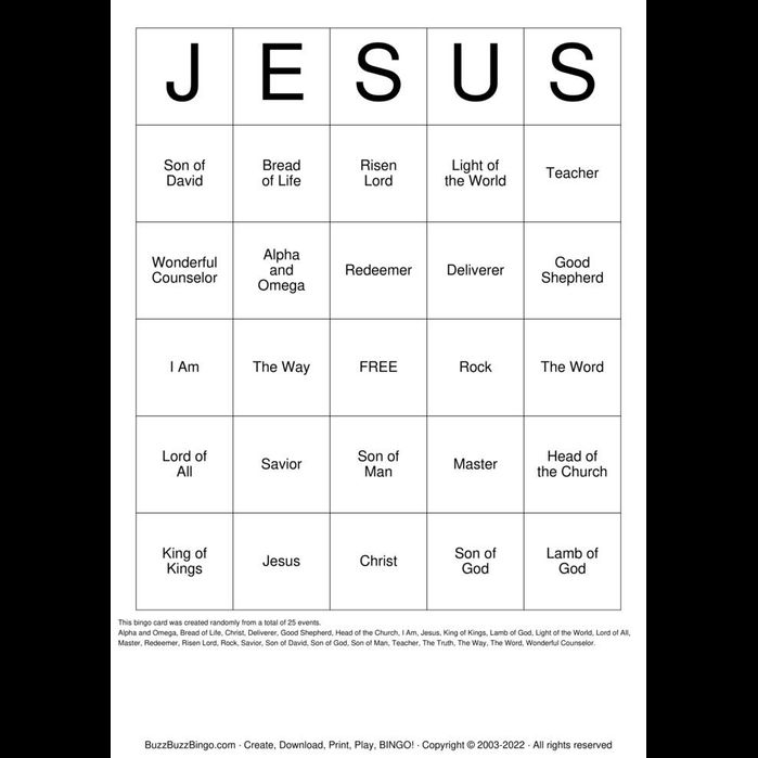 BuzzBuzzBingo's tweet image. This religious bingo card for Names of Jesus, will be perfect for your event. Everyone loves bingo and will enjoy playing Names of Jesus Bingo!

buzzbuzzbingo.com/Religion/Names… #NamesofJesus #Bingo