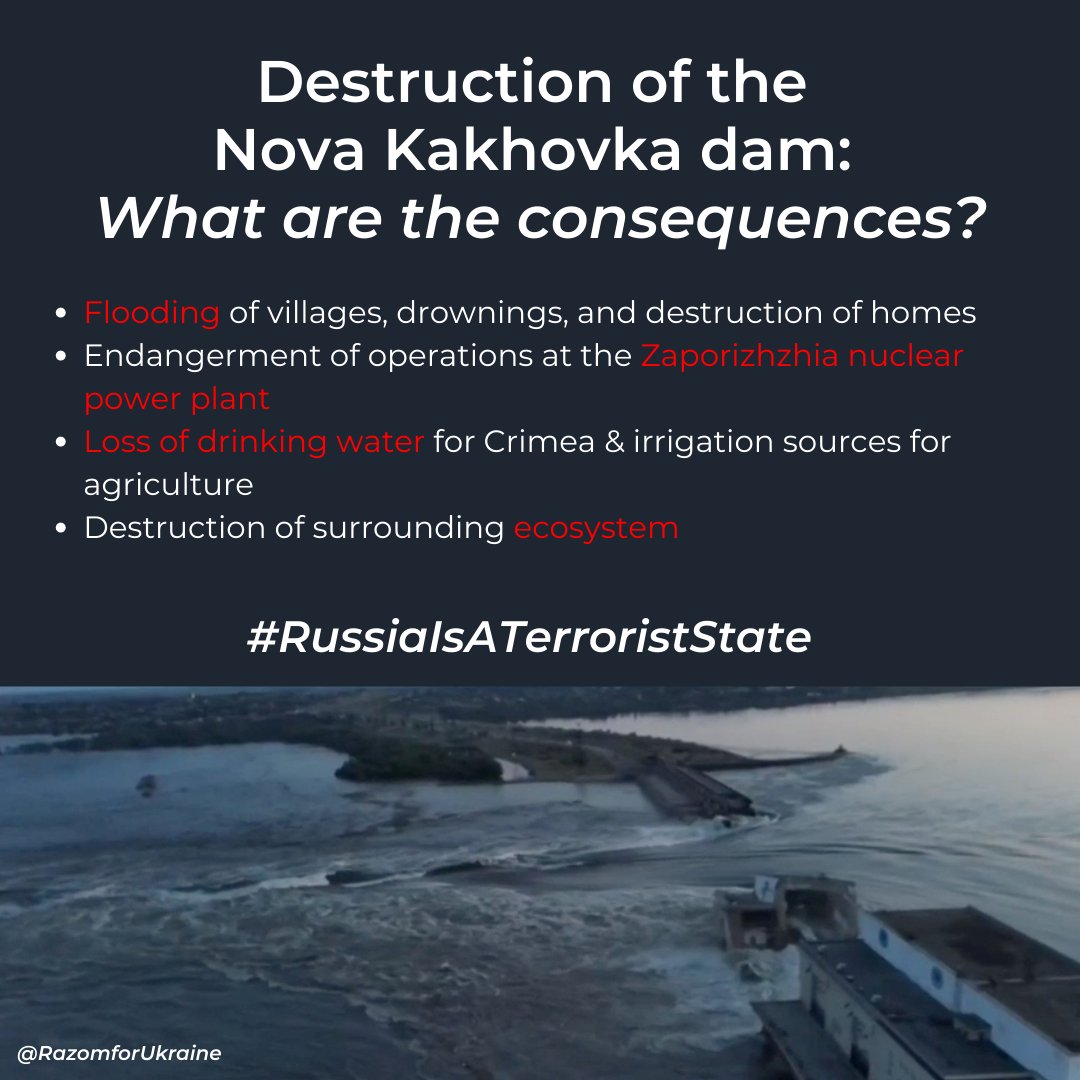 razomforukraine's tweet photo. Ukraine is once again suffering untold damage from a manmade disaster with the destruction of the Nova Kakohovka dam. We are mobilizing to provide emergency grants for evacuations &amp; other needed supplies - donate to help: https://t.co/T5g79JgpYh

#RussiaIsATerroristState https://t.co/qqew34JVb7