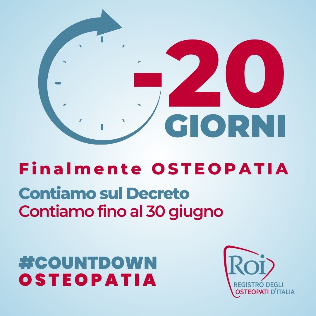 - 20 giorni #COUNTDOWNOSTEOPATIA
Contiamo sul Decreto.
Contiamo fino al 30 giugno per dire insieme "Finalmente OSTEOPATIA".

<a href="/mur_gov_/">Ministero dell'Università e della Ricerca</a>
<a href="/BerniniAM/">Anna Maria Bernini 🇮🇹</a>
<a href="/MinisteroSalute/">Ministero della Salute</a>
<a href="/marcellogemmato/">Marcello Gemmato 🇮🇹</a>

#osteopatia #osteopati #osteopatiaprofessionesanitaria