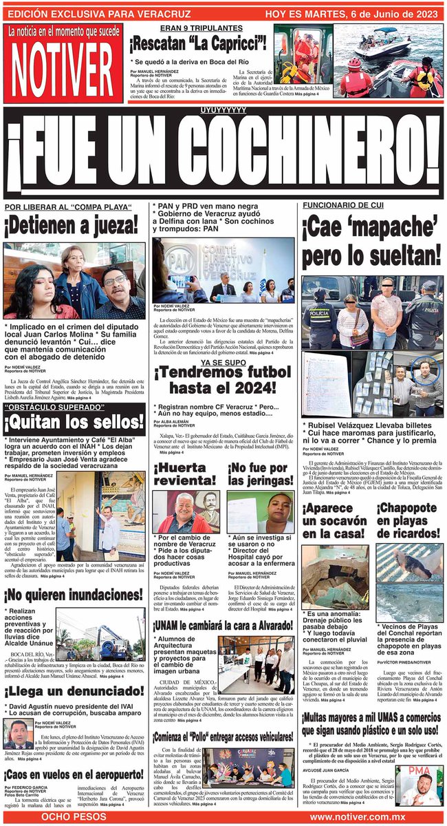 NOTIVER's tweet photo. Fue un #cochinero #elecciones de #Delfina
#Detienen #jueza por #liberar a #CompaPlaya
Cae #Mapache #funcioanrio de #Cui con #billetes 
al #estilo #Pio
#Llega un #denunciado de #corrupción como #presidente del #IVAI
#Chapopote en #playas del #Conchal
más en https://t.co/gvztwyGkO5 https://t.co/RsFLIaNL99