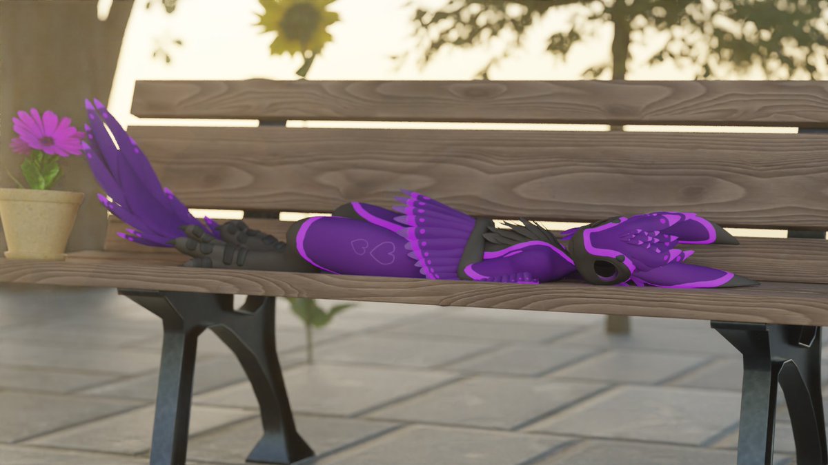 did a render for @MichiruTheAvali , who seems to be relaxing on a bench under the shade of a bunch of trees