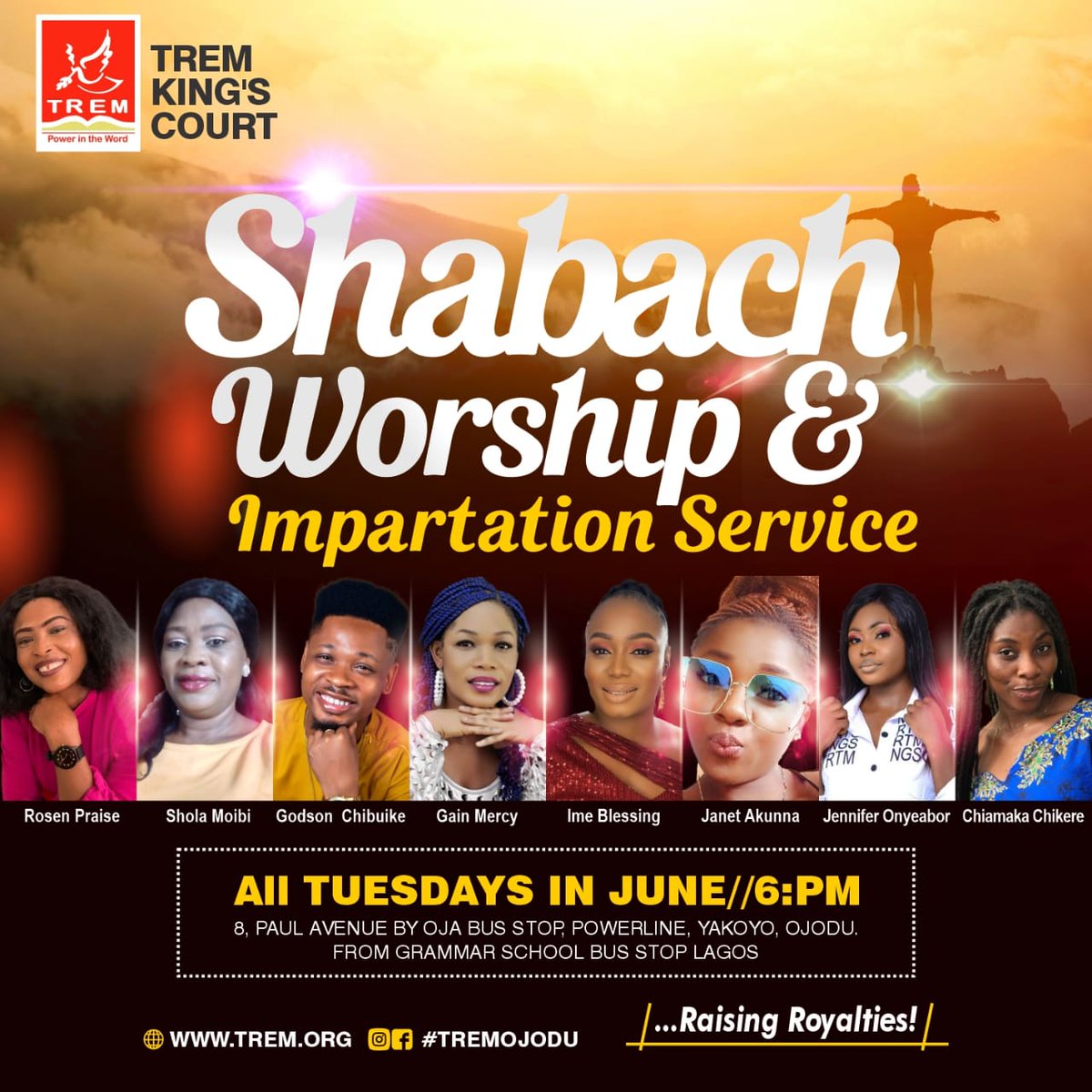 tremkingscourt's tweet image. SHABACH WORSHIP &amp;amp; IMPARTATION SERVICE
All the Tuesdays in JUNE

Join Rev. ROLAND JIBIRI today as we Worship God in an unusual dimension with great all round impartation. 

TIME: 6:00PM PROMPT

#trem #tremojodu #PowerForLiving  #ExceedingGreatReward