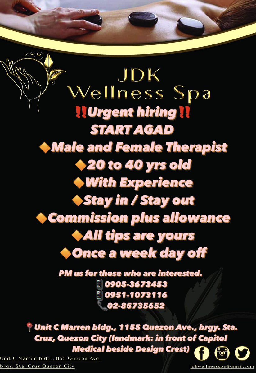 JDKWellnessSpa's tweet photo. If you are what we're looking for, apply now! There's no other spa like home; work with us hassle-free with free use of water, electricity, and wifi. 🍃 https://t.co/ycpici32EW