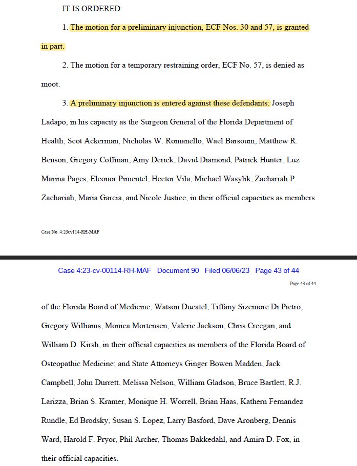 BREAKING: A court in Florida issued a preliminary injunction against the state of Florida from enforcing its ban on gender affirming care, both the board rule and SB254.

The PI is only for the plaintiff parties but it would likely preclude enforcement.

storage.courtlistener.com/recap/gov.usco…