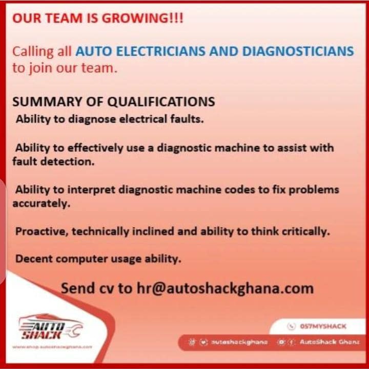 We are hiring 

#newjob #vacanciesinghana #accrajobs #autoshackghana #vacancies #ghanavacancies #mechanic #automechanicjob #getthisjob #getthiswork autoshackghana #instajobs #instantjobs #applynow