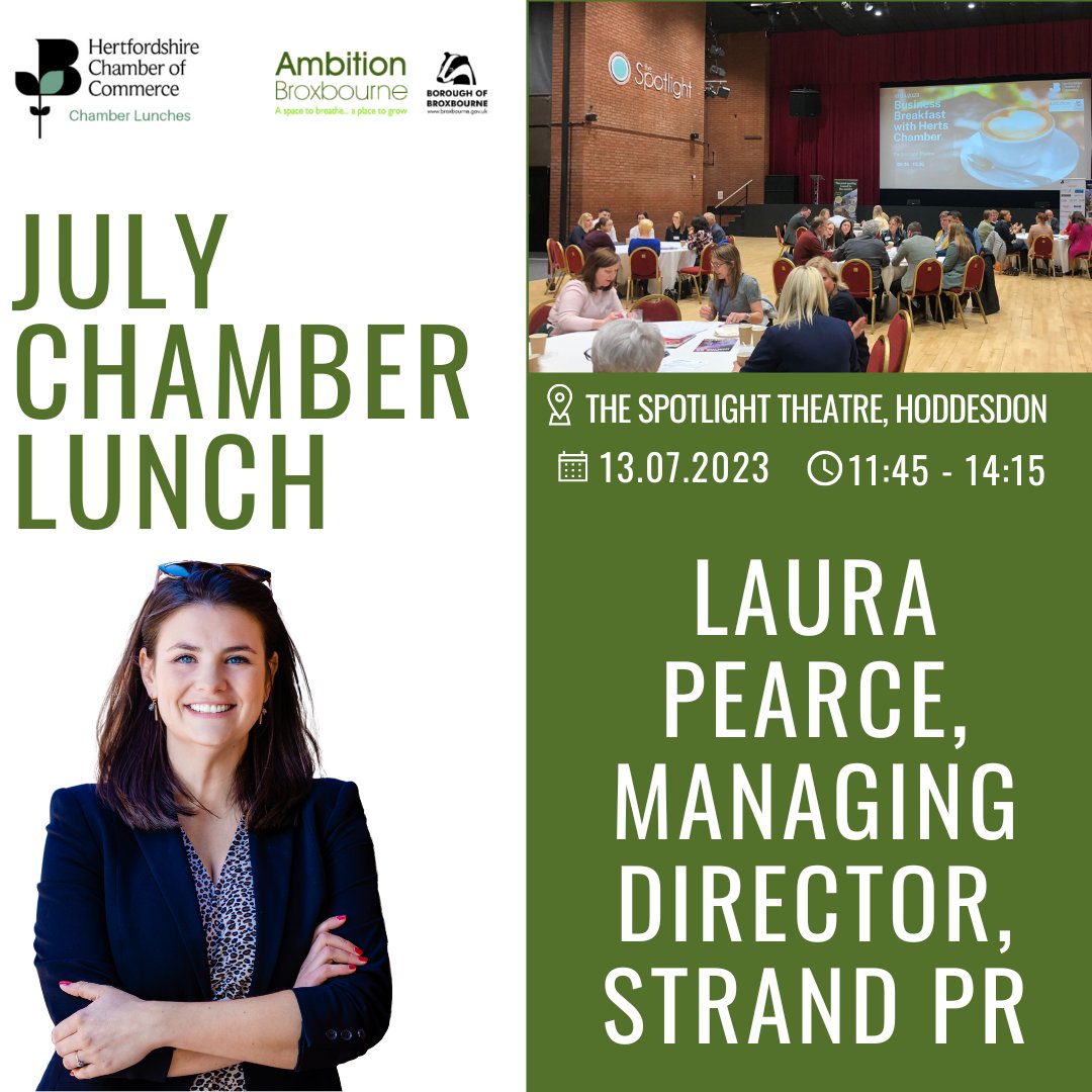 HertsChamber's tweet photo. 🍽️Join us at the July Chamber Lunch, sponsored by @AmbitionBrox, on 13th July. Laura Pearce, MD, @strandPR, will discuss how SMEs can leverage PR and marketing to address the ever-changing business landscape. ➡️https://t.co/SJdyR1i8Lc

#KeeptheHeartinHerts #networkingUK https://t.co/p5pvCvuUWk