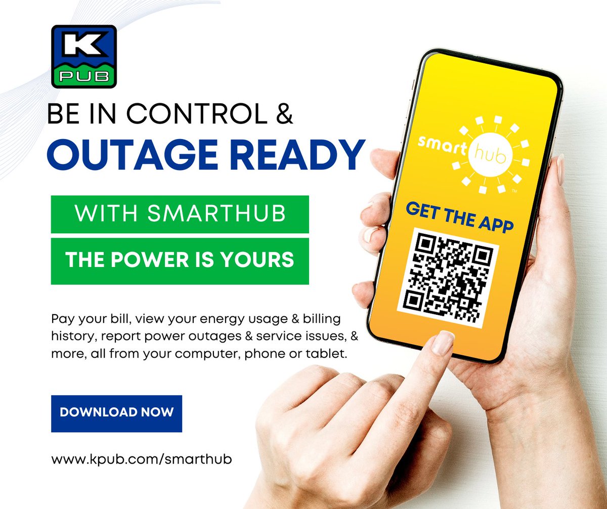 Pay your bill, monitor your usage, report outages, & much more, right from your fingertips with our KPUB #SmartHub app! 📱 Best of all, it's FREE! 

Download it today: ow.ly/rFRb50OFKKl
#smarthub #publicpower #communitypowered