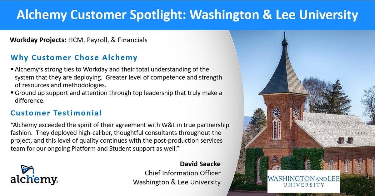 alchemy_us's tweet photo. https://t.co/zyb1bO4IRB Customer Spotlight: Washington &amp; Lee University

Founded in 1749 and located in Lexington, VA, @wlunews partnered with https://t.co/zyb1bO4IRB to bring their @Workday HCM, Payroll &amp; Financials transformation to life.

#alchemy #workday #transformation https://t.co/v6m2knXvOG