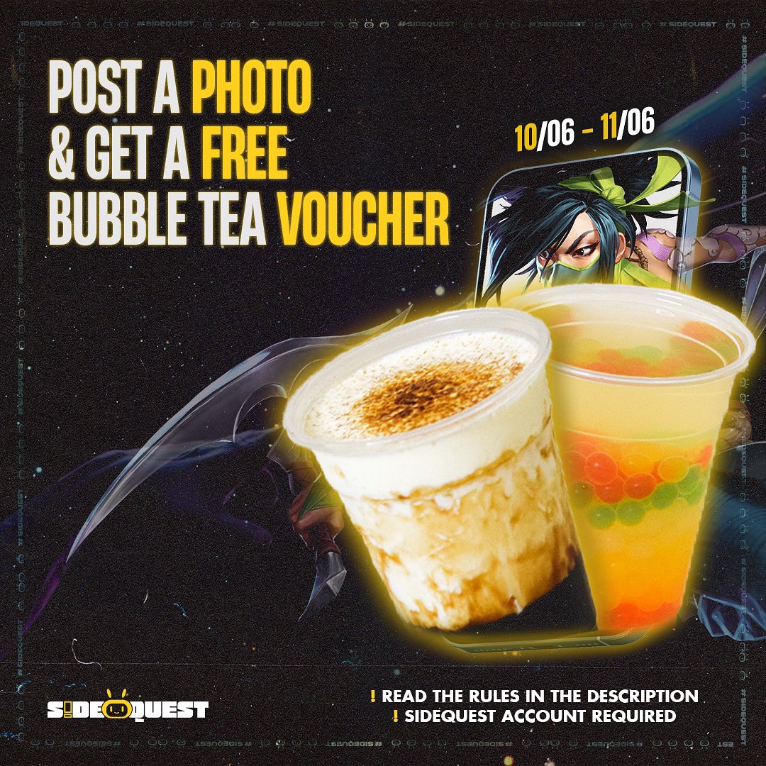 SideQuest_Hub's tweet image. Get a FREE DRINK when you post a photo of our bubble tea🧋😋

This weekend:
✨post a photo with our new boba
✨tag @sidequest_hub 
✨wait for a DM from us with the voucher code for a FREE DRINK

Please note that if your account is private or your DMs are closed then we won’t be