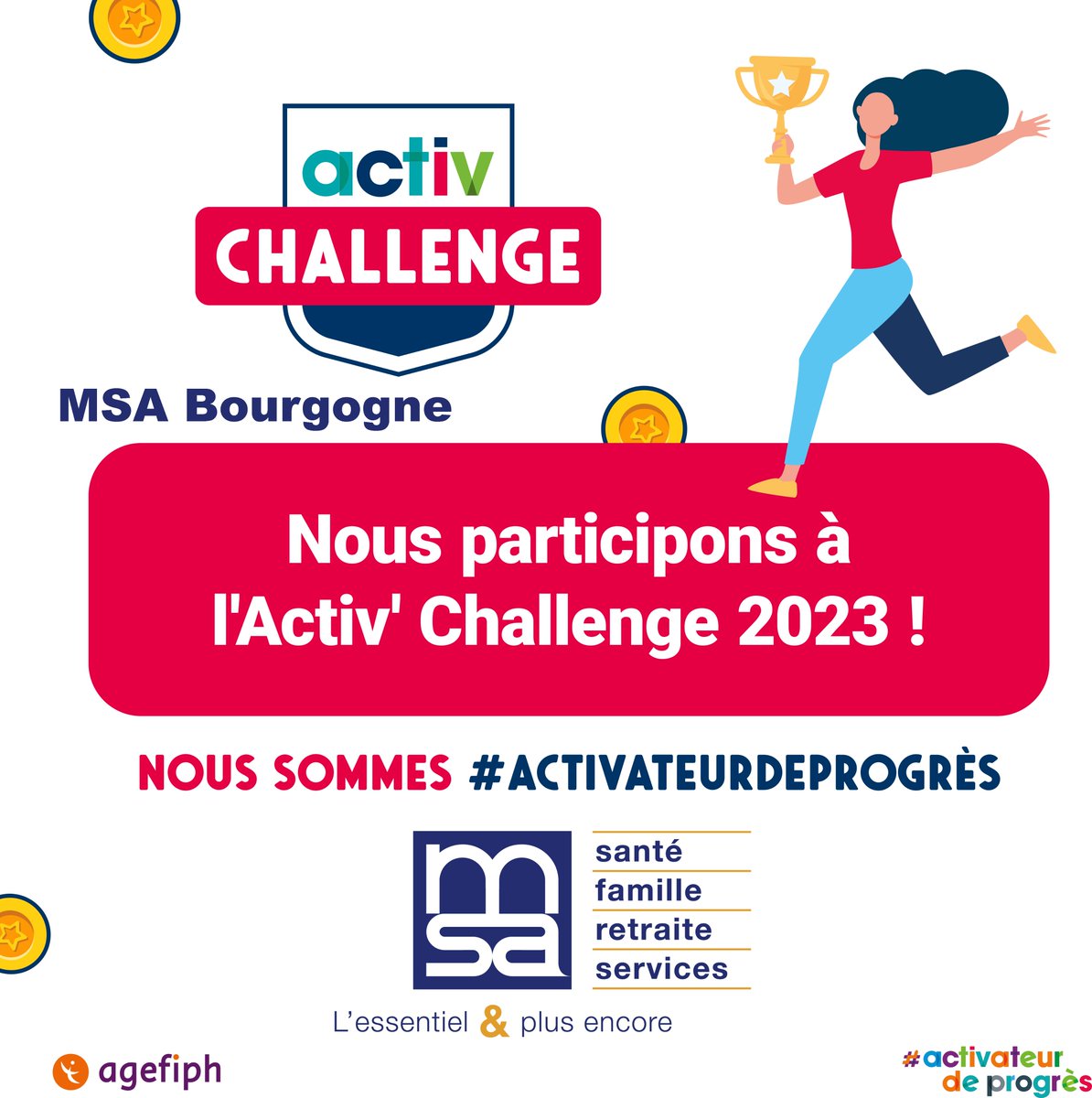 😍 Cette année la #MSA #Bourgogne se lance dans la compétition en participant du 5 au 23 juin à l’#ActivChallenge organisé par l’@Agefiph Un #challenge inter #entreprises pour sensibiliser sur l’#inclusion du #handicap dans le milieu professionnel. #Activateurdeprogrès #inclusion