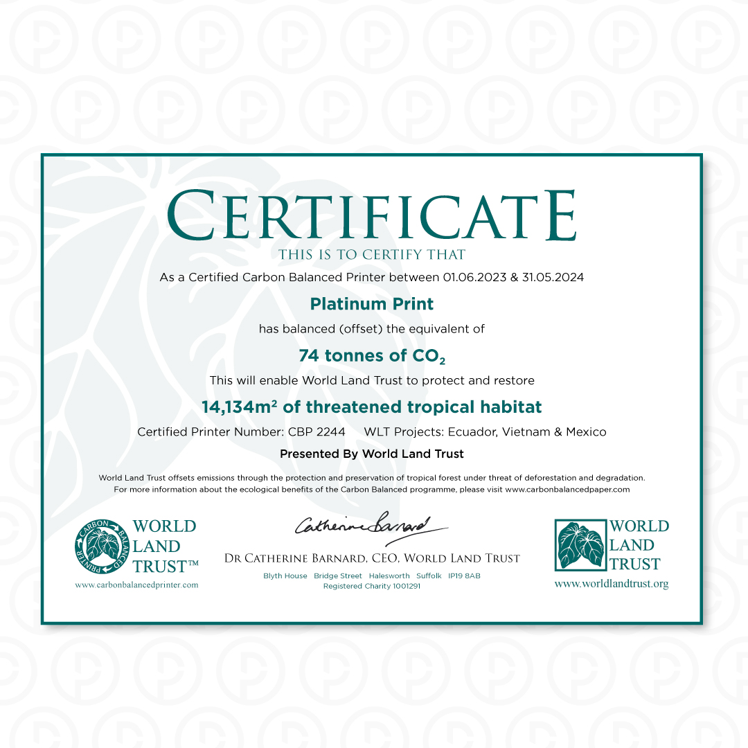 PlatPrint's tweet photo. 🌍🌱 Platinum proudly continues its partnership with the @worldlandtrust as a Carbon Balanced Printer.
By offsetting our carbon emissions we're actively working towards a greener future.🌱💚
#sustainability #carbonbalancedprinter #worldlandtrust https://t.co/uuHWha0C9m