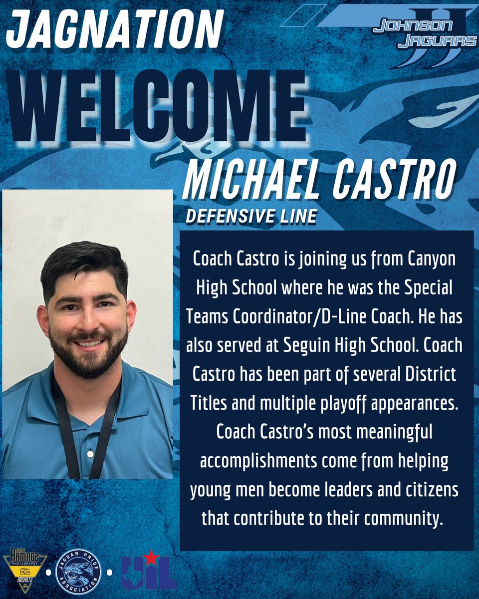 CoachTPMiller's tweet photo. We are excited to announce our new football coach, Michael Castro. Please help us welcome Coach Castro to the Jaguar 🐆💨🔥family! #JaguarPride  @CTJFootball @JPApride @CTJohnsonHigh @NeisdAthletics https://t.co/Df1pw7bfmj