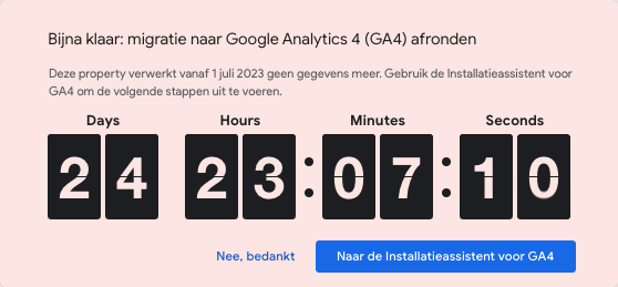 Heb jij deze melding gezien? Schrik niet! Vanaf 1 juli gaat Google standaard werken met Google Analytics 4.  We helpen je graag met het overzetten.

Lees op onze website meer over onze GA4 package deal: sociallane.nl/google-analyti…

#sociallane #onlinemarketing #onlinemarketingbureau