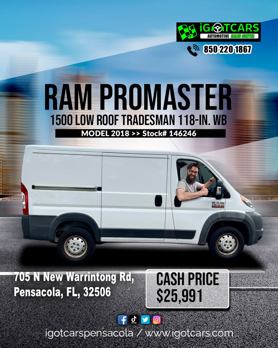 igotcarsflorida's tweet image. Es tiempo de trabajar y esta #ram  será tu compañera ideal, ven y llévala por un super precio.

📲  8502201867
705 N New Warrington Rd Pensacol, Fl, 32506
🌐  igotcars.com

#rampromaster #carrosenpensacola #CarrosUsados #pensacolaflorida #igotcarspensacola