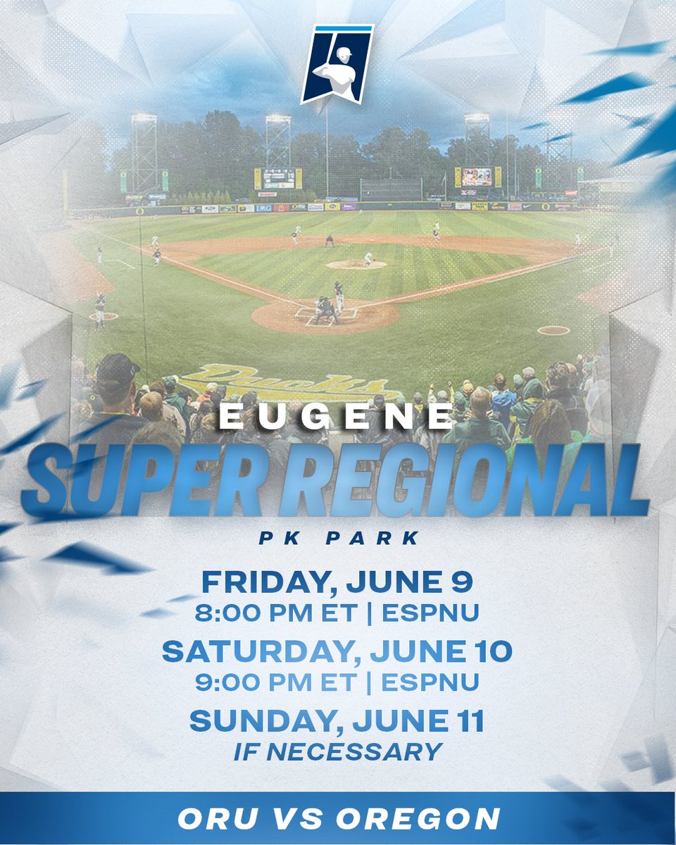 NCAA Baseball (@ncaabaseball) on Twitter photo Eugene Super Regional
<a href="/ORUBaseball/">ORU Baseball</a> ๐ <a href="/OregonBaseball/">Oregon Duck Baseball</a>
๐ Friday, June 9
โฐ 8:00 PM ET
๐บ ESPNU
๐ Saturday, June 10
โฐ 9:00 PM ET
๐บ ESPNU
๐ Sunday, June 11 (if necessary)
โฐ TBD
๐บ TBD
#RoadToOmaha Eugene Super Regional
<a href="/ORUBaseball/">ORU Baseball</a> ๐ <a href="/OregonBaseball/">Oregon Duck Baseball</a>
๐ Friday, June 9
โฐ 8:00 PM ET
๐บ ESPNU
๐ Saturday, June 10
โฐ 9:00 PM ET
๐บ ESPNU
๐ Sunday, June 11 (if necessary)
โฐ TBD
๐บ TBD
#RoadToOmaha
