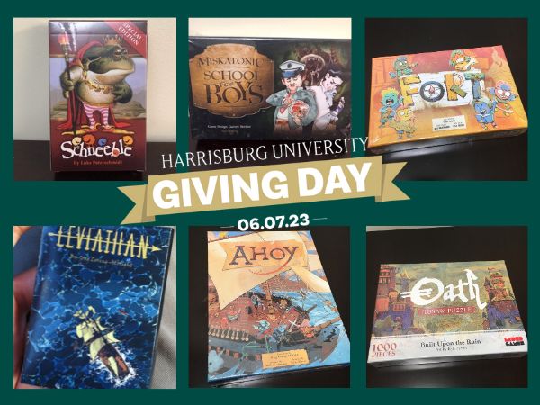 LederGames's tweet photo. Support the next generation of board game designers! @GregIsOnTheGo & @a_m_0 are raising funds for @HarrisburgU students to attend PAXU. Give TODAY to have a chance to win one of these prizes! https://t.co/vTcPH6bXYC #HUproud https://t.co/E7J0qC5CSs