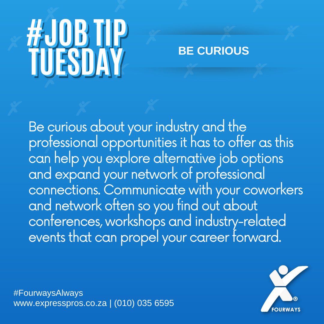 EFourways's tweet image. #JOBTIPTUESDAY

Be Curious 

#JobTip #jobseekers #jobsearch #recruitment #jobsearching #jobhunt #employment #jobopportunity #recruitmentagency #staffingagency #ExpressProsFourways #FourwaysAlways
#StaffingExperts #PuttingAMillionPeopleToWork
